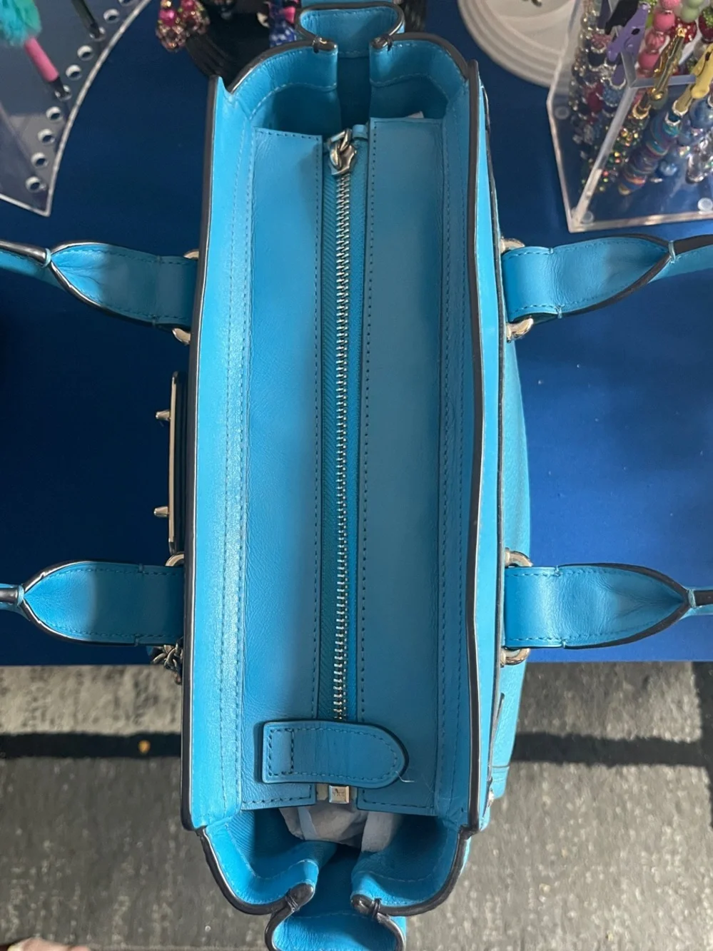 Coach Turquoise “Swagger 27”. Pebbled Leather Satchel with Silver-Tone Turnlock
